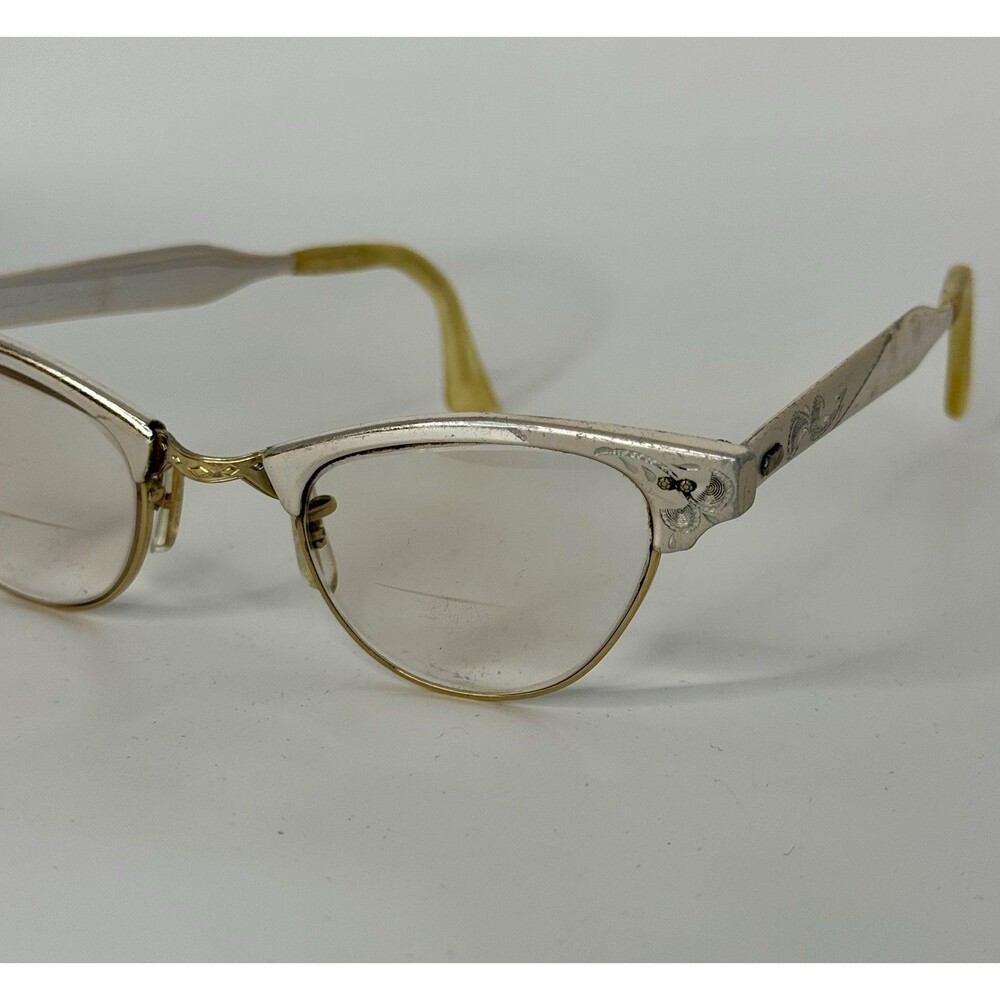 Vintage Victory Eyeglasses Cat Eye Lite Pink Aluminum Floral Etching 12k GF